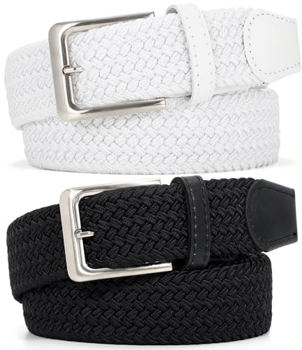 JasGood 2 Stück Geflochtener Elastischer Gürtel für Damen Herren, Unisex Stoffgürtel Stretchgürtel Dehnbarer Gürtel für Jeans Hosen,Black+White,100cm
