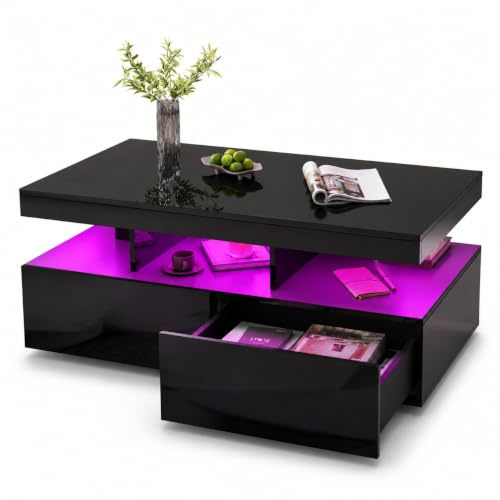 HYNHXBP Glossy white coffee table with RGB LED lighting, coffee table with 2 drawers, side table with storage space, modern, smooth surface, 104 x 46 x 53 cm (Black)