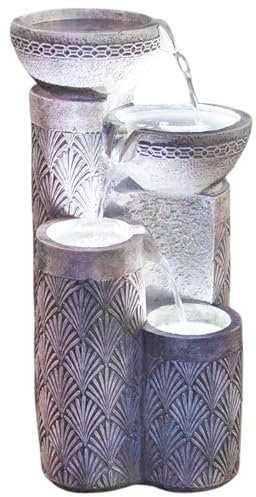 Festive Lights - 50cm White Seashell Pattern Solar Powered LED Lit 4-Tier Cascading Bowls Water Feature - Outdoor Polyresin Garden Fountain, Timer Functions, External Panel, 5m Cable Included