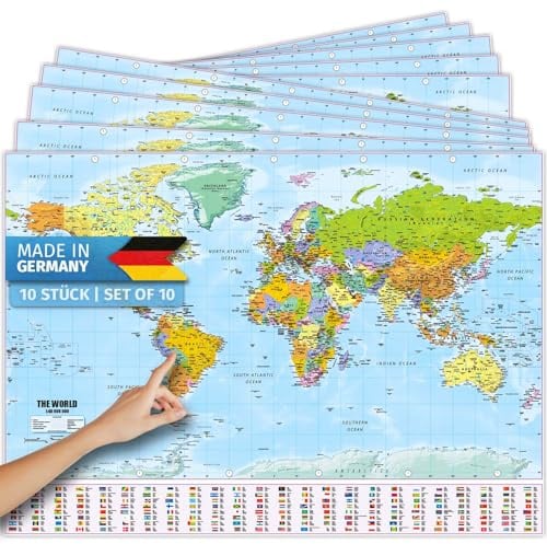 GOODS+GADGETS® Weltkarte Poster XXL 140x100cm, 10 Stück sicher gerollt | Fernweh wecken ohne Knickfalten, plastisches 3D-Relief, 10er-Set Landkarte mit Flaggen für Kinder & Büro, Made in Germany