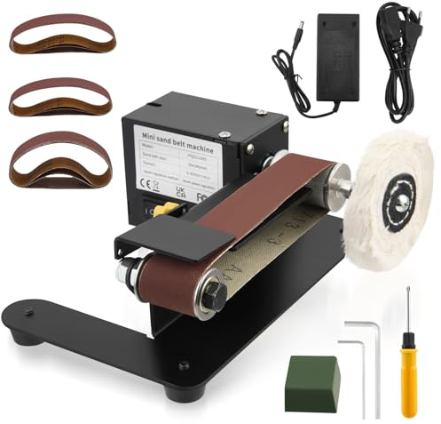 Mini levigatrice a nastro elettrica, lucidatrice regolabile in 7 livelli, levigatrice a nastro da 250 W, con 20 nastri abrasivi da 330 x 30 mm, dischi abrasivi e lucidanti