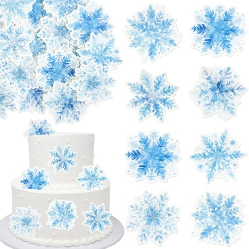 Ephlyn 60Pcs Edible Snowflake Cupcake Toppers Winter Cupcake Picks Water Paper Winter Frozen Cake Decorations for Snowflake Theme Baby Shower Kids Birthday Party Supplies Blue