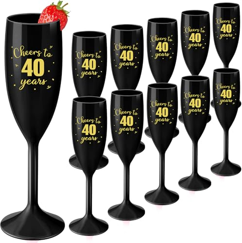 LemonRoad 12 Pcs Cheers to 40 Years Champagne Flutes Reusable 50st Birthday Party Decor 40th Plastic Toasting Champagne Glass Black Goblet Cocktail Cups for Men Women 40th Anniversary Party Supplies