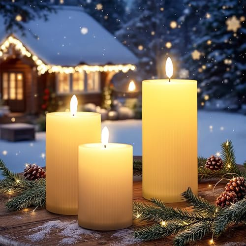 Outdoor LED Kerze mit Timer und Flammen Effekt 3er Set - 15 / 12,5 / 10 cm - Künstliche Stumpenkerze geriffelt warm weiß für Außen - Garten Tisch Deko Beleuchtung Gartenkerze Dekokerze Laternenkerze