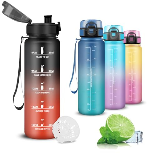 Mujigaga Trinkflasche- 0.5 Liter- Trinkflasche Kinder, Auslaufsicher, Wasserflasche mit Zeitmarkierung, Leicht zu Reinigen, Sporttrinkflasche, Water Bottle für Schule, Büro, Reisen, Camping