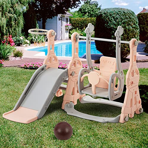 BRILVERDE Schaukel Rutsche,4-in-1-Rutsche für Kinder,Schaukel mit Rutsche, mit Basketball-Stand, Leiter (Rosa)