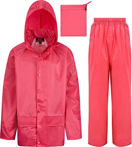 Kids Waterproof Jacket & Trousers Suit Set in Black, Navy Blue or Royal Blue Childs Childrens Boys Girls (9-10 Years, Pink)