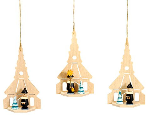 Rudolphs Schatzkiste Baumbehang Seiffener Kirche 3 Stück mit Kurrendefigur und Baum Höhe 8,5 cm NEU Christbaumschmuck Weihnachten Baumschmuck Holzschmuck Holz Seiffen Erzgebirge Strauchbehang