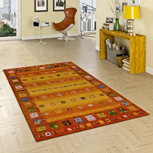 Theko Natur Teppich Indo Gabbeh Esta Orange Bunt Bordüre in 6 Größen