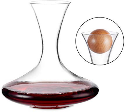 Amisglass Wine Decanter with Oak Stopper, 100% Lead-Free Hand Blown Crystal Glass, Red Wine Carafe, Wine Accessories, Wine Aerator with Wide Base, Wine Gift - 2000ML