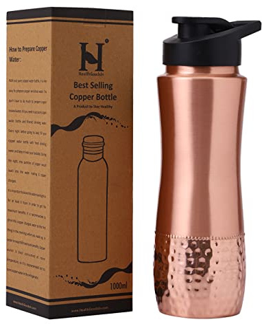 HealthGoodsIn - Wasserflasche aus reinem Kupfer mit Trinkbecher.
