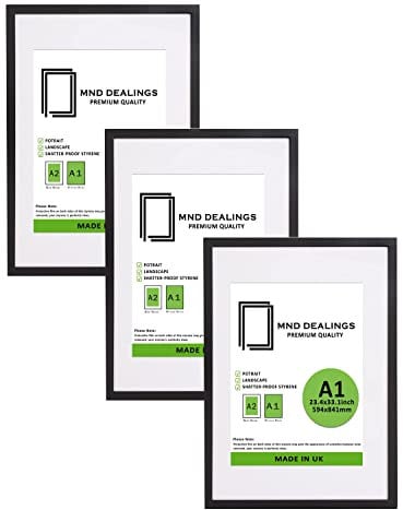 MND Dealings | MDF Artistic Poster Frame A1 (59.40 x 84.10 cm) With A2-(23 x 16 Inch) White Mount Hanging Display | 33 x 23 Award, Picture, Decorative, Modern Wall Frame [ Black ]