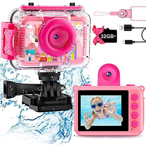 Pool Toy & Kids Underwater Camera - 99FT Waterproof Kid Action Camera 1080P Video&20MP Photo with Flip Lens, Includes 32GB Card for Diving Swimming Beach Snorkeling,Birthday Gift for Girls - GKTZ