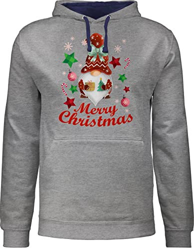 Pullover Herren Frauen Hoodie Kontrast zweifarbig - Weihnachten Geschenke Christmas Bekleidung - Weihnachtlicher Wichtel - XXL - Grau meliert/Navy Blau - swiateczny Damen witzige Weihnachtspullover