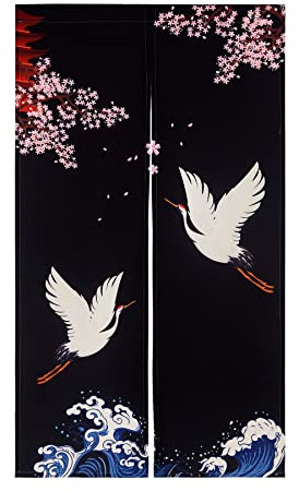 LIGICKY Noren Rideau de Porte Style Japonais Grues Vagues Fleurs de Cerisier Imprimé Fenêtre Traitement Porte Tapisserie pour Décoration de Maison 85x150cm Noir