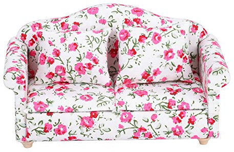Mini Sofa Puppenhaus, Puppenhaus Dekoration Zubehör Blumenmuster Mini Möbel Doppelsofa für Puppe im Maßstab 1/12 kleine Blütentrauben Puppen & Plüschtiere