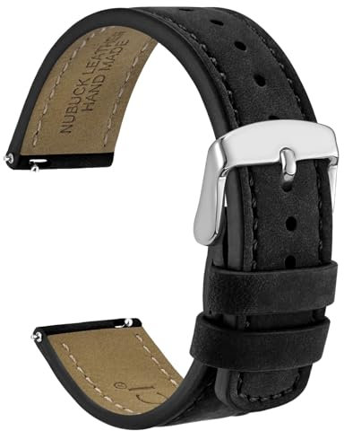 WOCCI 18mm Retro Leder Uhrenarmband für Herren und Damen, Ersatzarmband mit Silberne Schnalle (Schwarz)