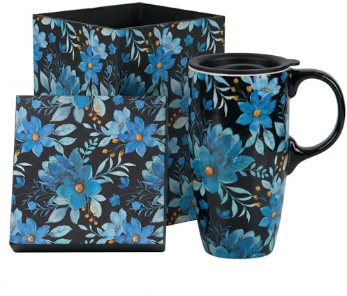 Topadorn Tasse en céramique avec fleur bleue en porcelaine avec boîte cadeau, 500 ml, cadeau anniversaire