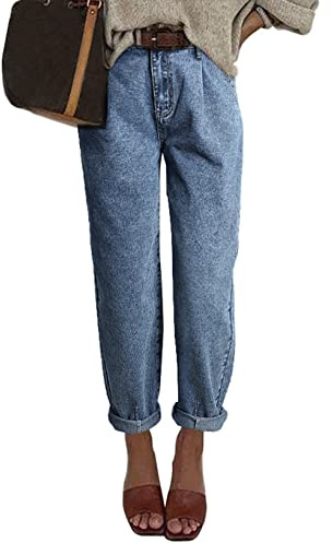 EVALESS Women's Baggy Jeans High Waisted Stretchy Taperred Leg Boyfriend Loose Barrel Denim Trousers Ankle Pants Blue 8