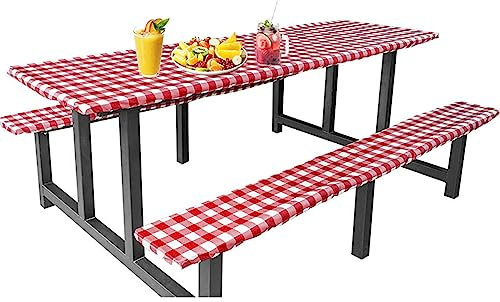 Highdi Bierzeltgarnitur Klappbar 3tlg, Tischdecke Rechteckige und Elastische Banküberzüge Abwischbare Wasserdicht Tischdecke für Indoor Outdoor Picknick Camping (30 * 72 Zoll,Roter Scheck)
