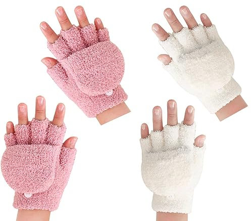 SUNTRADE Warme fingerlose Handschuhe für Damen und Herren, Winter-Fäustlinge mit Flip-Top-Abdeckung, gestrickte Wollhandschuhe, 2 Stück, Rosa/Weiß, 38