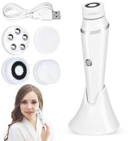 Aoreun Brosse Nettoyante Visage Electrique, Rechargeable Brosse Visage Rotative avec 4 Brosses Etanche Nettoyante Visage 3 Réglages de Vitesse pour le Nettoyage et L'exfoliation - Blanc