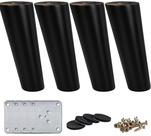 La Vane 4 Stück Massivholz Möbelfüße 15 cm Höhe - Konisch Schräg, Schwarz mit Montageplatten & Schrauben für Sofa, Bett, Schrank, Couch, Ottomane (Ersatzbeine, Tischbeine)