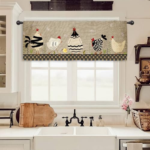 Miyotaa Küchen-Vorhang mit Hahn, Landhausstil, 137 x 45 cm (B x H), Stangentasche, rustikaler Bauernhof, Huhn, ländlich, kariert, Fensterbehandlung für Wohnzimmer, Schlafzimmer, Badezimmer, Wäsche