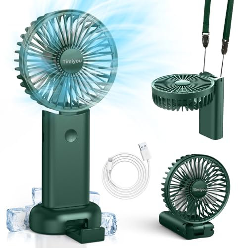 Timiyou Ventilador de mano, mini ventilador para viajes, pequeño con cordón y base, ventilador de mano, batería recargable, ventilador USB para exteriores, camping, oficina, casa, viajes (verde)