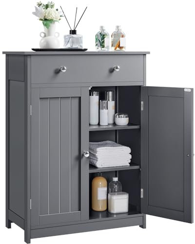 Yaheetech Armario de baño independiente, mueble de suelo con estante ajustable, 80 x 60 x 30 cm, mueble de madera con 2 puertas y cajón, armario de entrada de almacenamiento (gris oscuro)