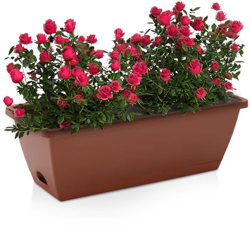 DKIEI 5 Pcs Large Flower Planter Outdoor Plastic Vegetable Plant Pot With Drainage Holes & Tray, Rectangle Planters For Succulent & Herbs, Window Long Pots For Garden (Brick red 49.5 * 19 * 15.7Cm)
