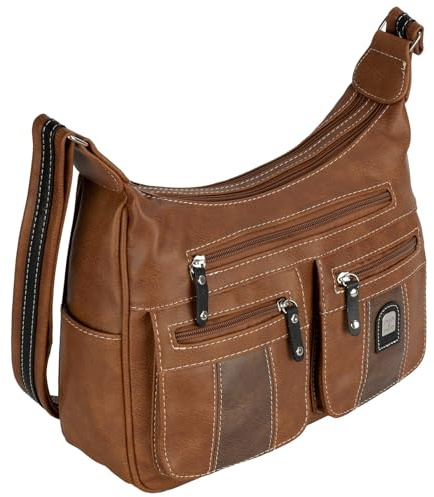 EAAKIE Damen Tasche, Schultertasche, Handtasche, Umhängetasche mit Leder Optik und vielen Fächern (COGNAC-BRAUN)