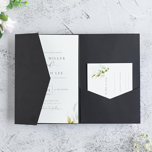 FEIYI 20 PCS Black Tri-fold Laser Cut Wedding Invitation Pockets for 5x7 Wedding Cards Bridal Shower Engagement Quinceanera Invitation