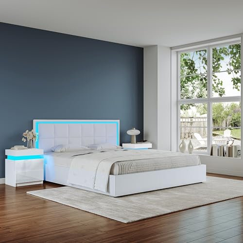 Gas Lift Ottoman Storage Bed Frame,LED Wooden Bed Frame Modern Style Bed Frame with Large Storage Space,Faux Leather (White, Double)