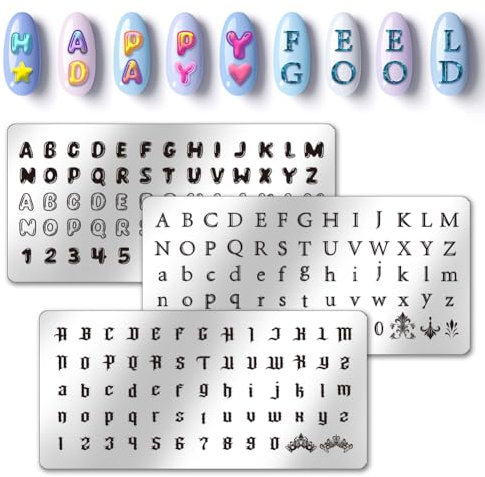PH PandaHall 3pcs Buchstabe Zahl Nagel Stamping Plates, 3 Styles Alphabet Nail Stamper Typeface Nail Art Stencils Druck Nagelschablonen Edelstahl Nagel Bild Platte für Nail Art Design Maniküre Salon