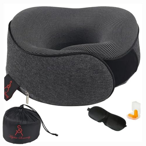 AS Adjidar Sincerely Oreiller de Voyage Premium – Coussin Cervical en Mousse Mémoire + Masque & Bouchons | Kit Confort Maximal pour Avion, Train & Bus – Compact & Réglable – Gris Graphite
