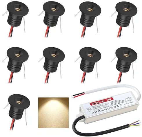 LED Einbaustrahler 12V 1W mini Led Spot Einbauleuchten IP65 deckenspots für Badezimmer Küche Wohnzimmer kleiderschrank schranklicht vitrinen treppenstufen beleuchtung 9 Stück (Schwarz Warmweiß 3000K)