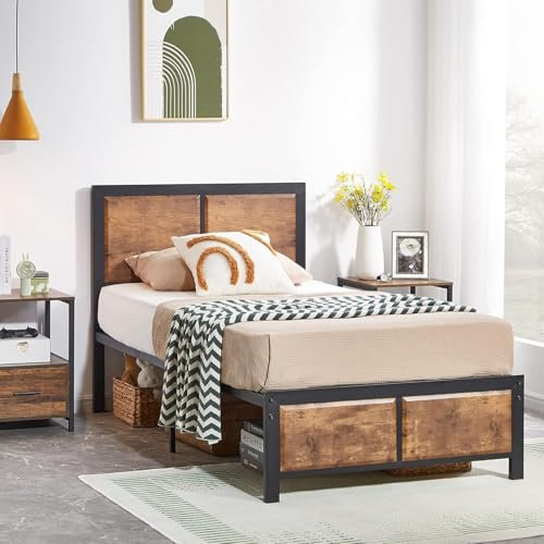 VECELO Bettgestell 90 x 200 cm, Metallbett mit Dick Holzkopfteil und Lattenrost, Modern Gästebett Jugendbett mit Stauraum Unter Dem Bett, Perfekt für Schlafzimmer, Braun