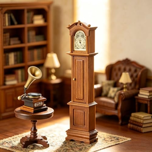 3-teiliges 1:12 Puppenhaus Set Uhr Phonograph Runder Beistelltisch | 3 x viktorianische Miniatur-Großvateruhr, Vintage-Phonograph, runde Tischdekoration, für Wohnzimmer, Schlafzimmer