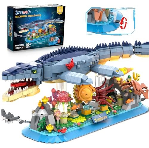 INSOON Mosasaurus Bauspielzeug mit Licht, 1219 Stück Bewegbarer Tiere Bausteine Modell mit Nautilussen Quallen Korallenriffen, Klemmbausteine Heimdekor Geschenk für Erwachsene Teens Jungen 12+