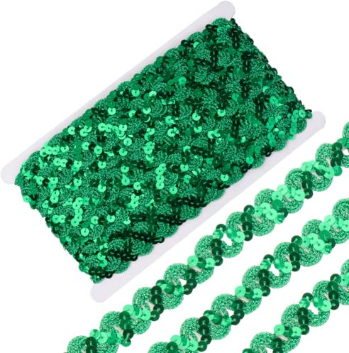 CABODYALS 11 m Grünes Paillettenband Stickerei Glitzernde Polyester Paillettenbänder Flach Rund Glitzernd Gewellte Streifenbesätze Zum Nähen Herstellen von Weihnachtsdekorationen Geschenkverpackungen