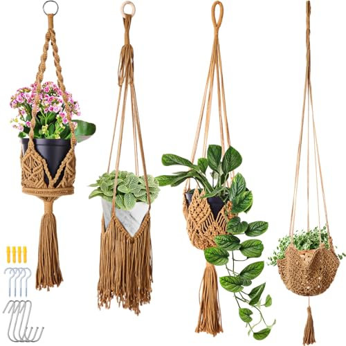 Wovnet 4 Packs Macrame Plant Hangers Indoor Crochet Hanging Plant Holder with Tassels Hanging Planters for Indoor Plants Boho Plant Hanger with 4 S Shaped Hooks for Home Decor Window Flower Pot