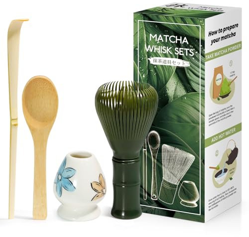 4 Pièces Matcha kit ceremonie japonais, Vert Fouet en Résine Chasen, Cuillère en bambou, pelle en bambou, Porte-Fouet, Coffret matcha pour la cérémonie du thé, la boisson - Blanc brillant/floral