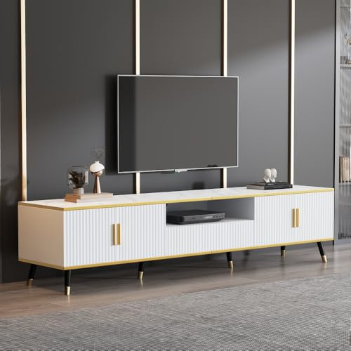 OCACA Eleganter weißer Hochglanz-TV-Schrank, Lowboard,TV-Board, TV-Kommode,mit Schublade, Tür verstellbaren Füßen und Kabelmanagement (Weiß,200 * 40 * 46 cm)