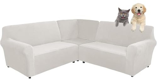 3-teilige Corner Couch Abdeckung, Sofabezug L Form Stretch Sofabezug aus Samt für 5/7 Sitzer Ecksofa, Anti Rutsch Sofa Überzug L Form Dicker weicher waschbarer Möbelschutz (Ivory White,5-seater)