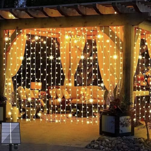 Cveenk Solar Lichtervorhang Aussen 3x3 m, 8 Modi 300LED Lichterkette vorhang Warmweiß, Wasserdicht Solar Wasserfall Lichter für Außen Pavillon Balkon Hochzeit Deko