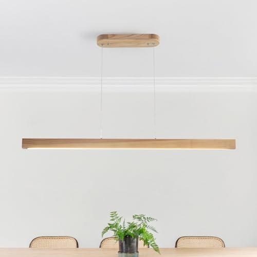 Schindora Pendelleuchte Esstisch Holz Dimmbar Led,100Cm NatüRlich KüChe HäNgelampe Mit Fernbedienung,Höheneinstellbar,30W Moderne Wohnzimmer Lampe Esszimmerlampe FüR Schlafzimmer Esszimmer BüRo