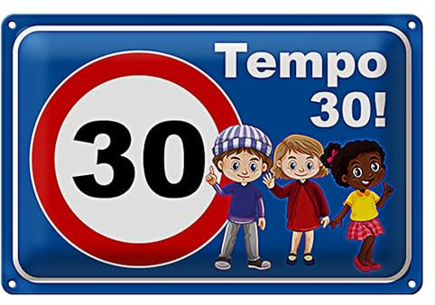 Targhe metalliche | Tempo 30 | Sicurezza bambini | Cartello stradale | 30 x 20 cm