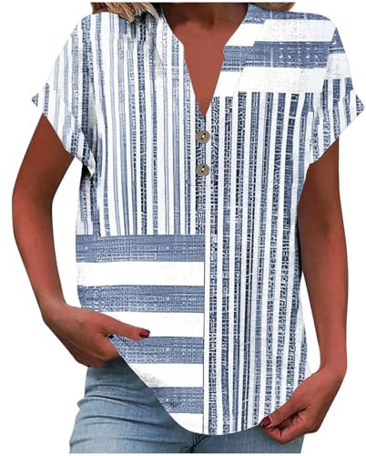 HAOLEI Linen Tops for Women UK,Women's Summer Cotton Linen Cap Sleeve T-Shirt Ladies Button V Neck Tunic Tops Baggy Graphic Casual Loose Shirts Trendy Blouse Vacation Outfits Sale Clearance
