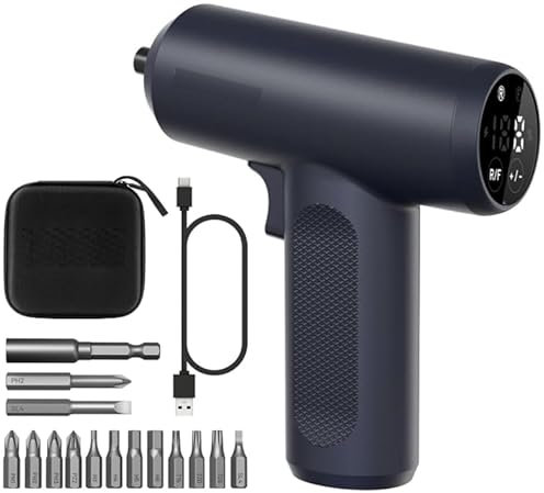 Electric Screwdriver Set - 4V Cordless Screwdriver 2500mAh - 5 Torque Settings Electrical Screwdriver 250RPM 5N·m Max - Digital Screen Power Tools for Furniture Repairs, LED, 15 S2 Metal Bit, 1/4 Hex